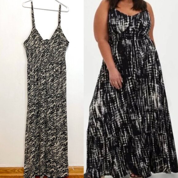 TORRID 1 Plus Size Feather Sleeveless Maxi Dress Cream Black Print Tie Back Boho - Picture 1 of 16